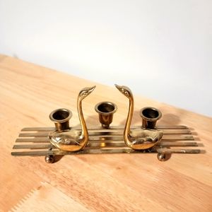 Vintage MCM Brass Swan 3-Candle Holder